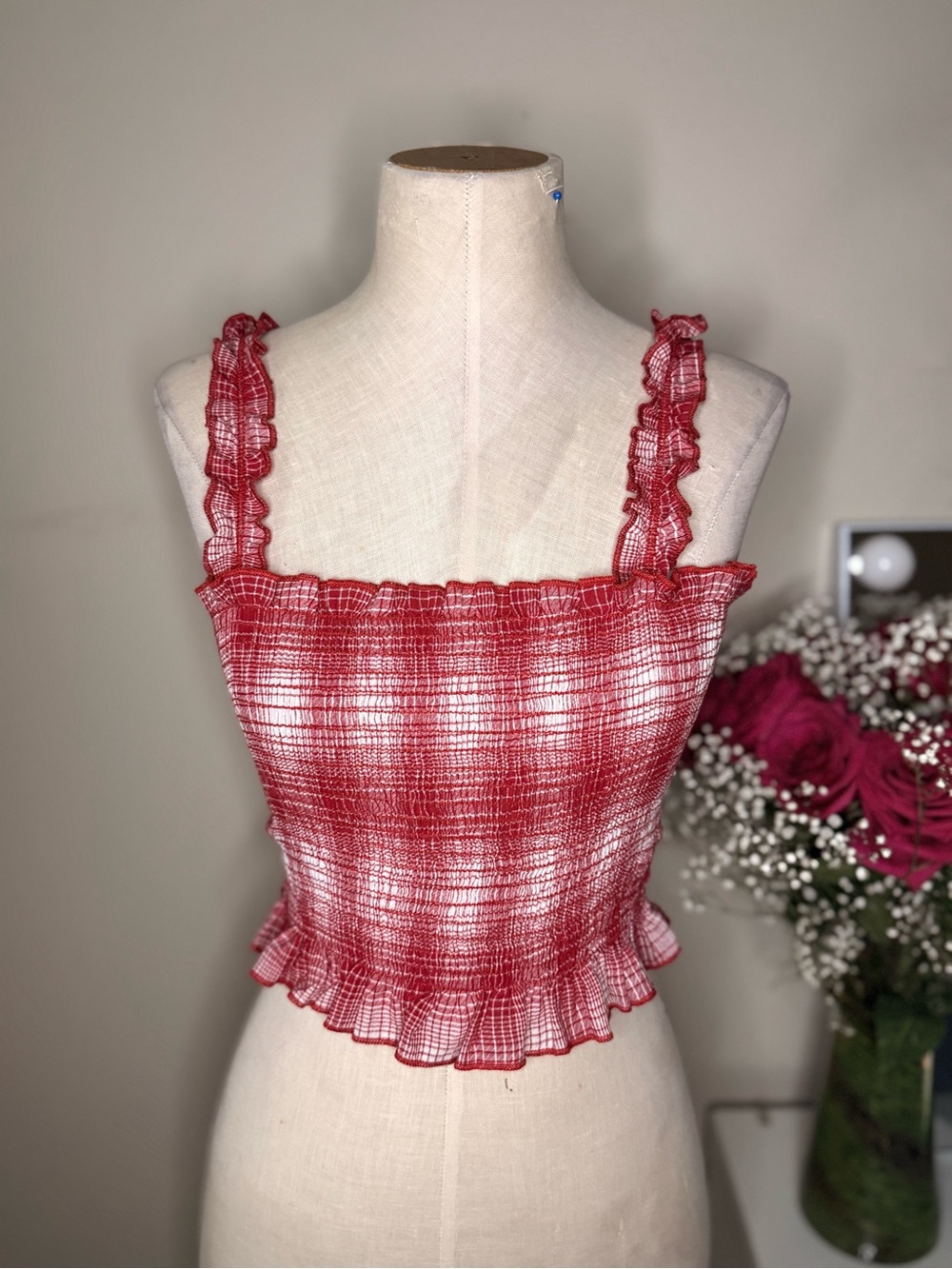Emory Park Red White Plaid Smocked Ruffle Crop Top Approx Size S